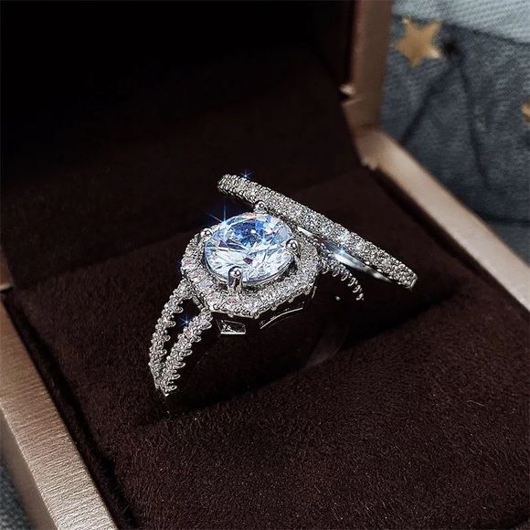 New 925 Silver 2 pc Set Promised Bridal Wedding Diamond Ring - Picture 6 of 6